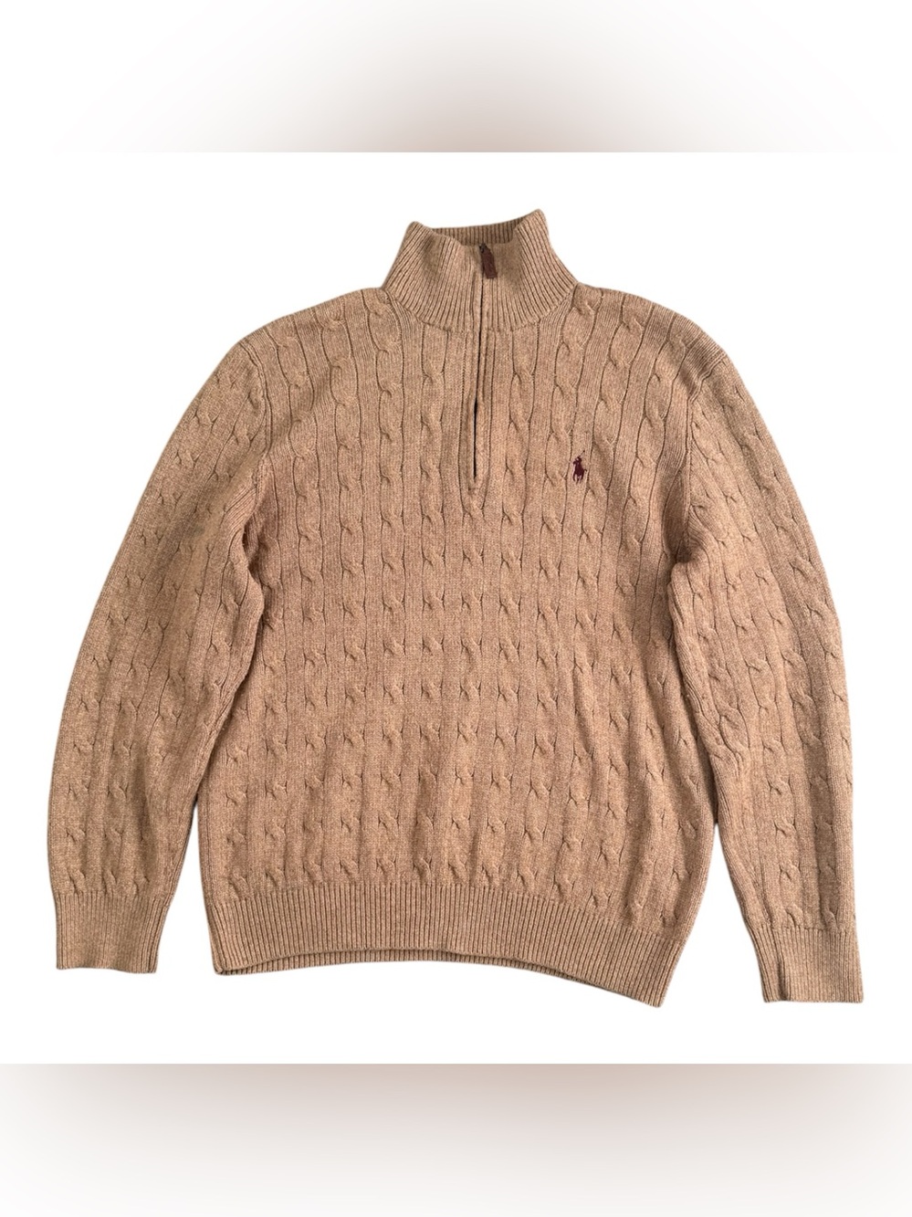 Polo Ralph Lauren 100% Silk Beige Tan Cable Knit Quarter Zip Logo Sweater Men’s